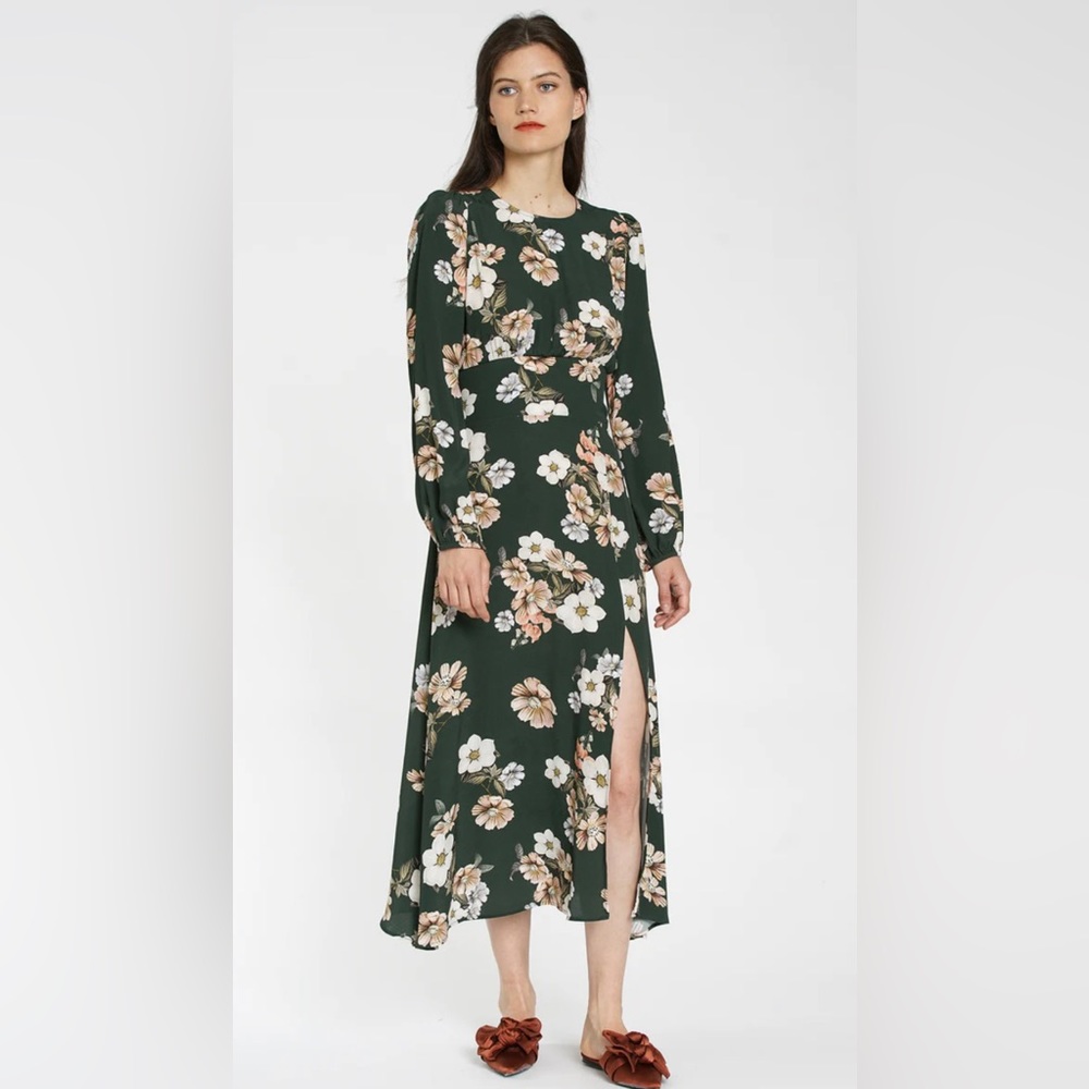 dRA Laurel Canyon Green Floral Midi Dress w Side Slit & Open Back XS EUC